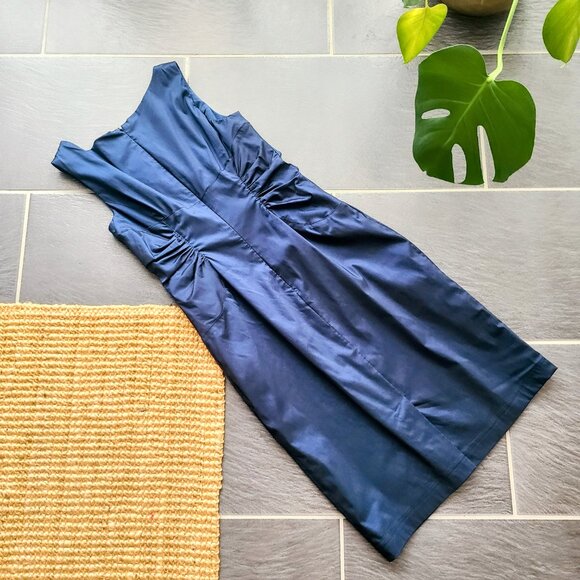 Adrianna Papell Taffeta Metallic Navy Blue Sleeveless Knee Length Evening Dress - Picture 8 of 13